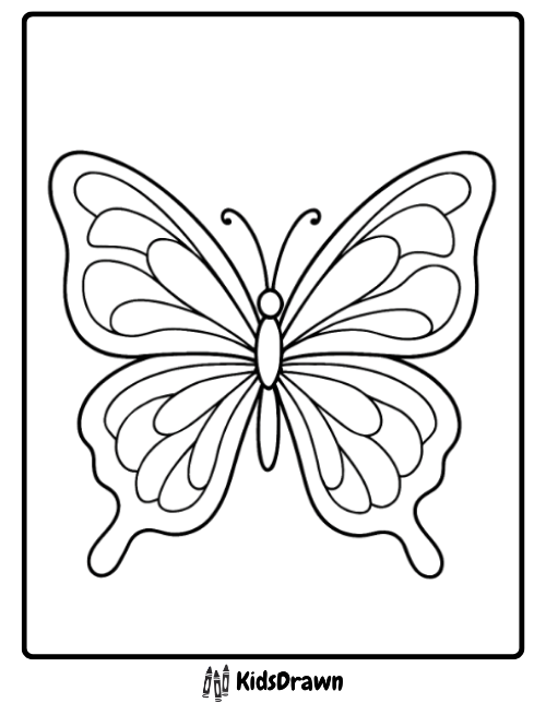 Simple butterfly coloring page with bold lines, resembling a stained-glass or paint-by-number design for kids