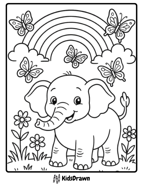 Happy elephant with butterflies and rainbow