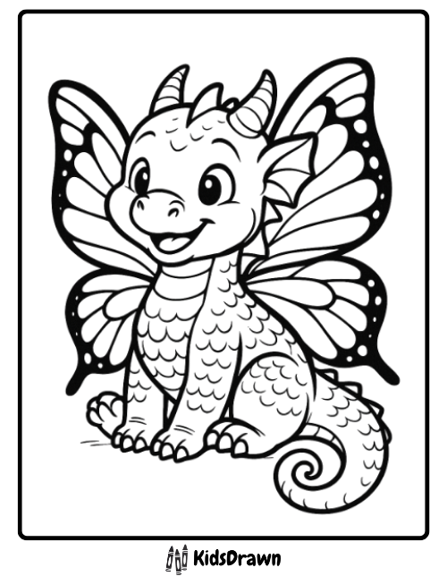 Coloring page of a cute baby dragon with scales, small horns, and large monarch-style butterfly wings