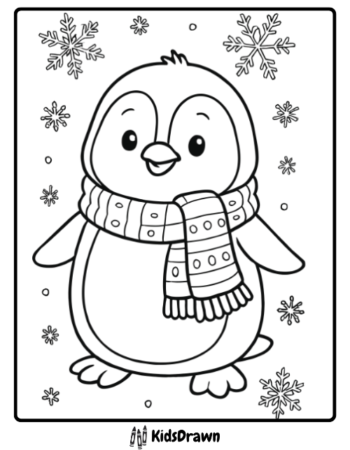 Cute winter penguin wearing a cozy scarf surrounded by snowflakes Penguin Coloring Pages for kids