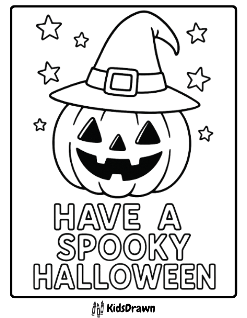 Jack-o’-lantern with witch hat and stars spooky Halloween coloring page