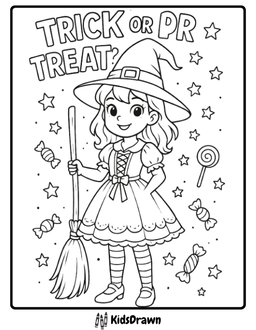 Cute witch girl with broom and candies saying Trick or Treat Halloween coloring page