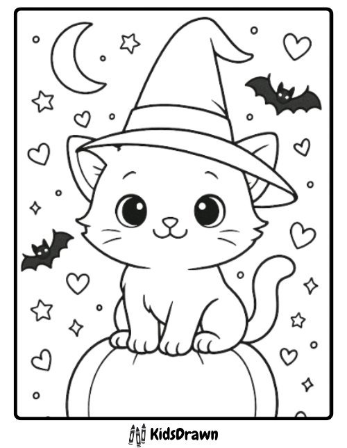 Cute kitten wearing witch hat sitting on pumpkin Halloween coloring page