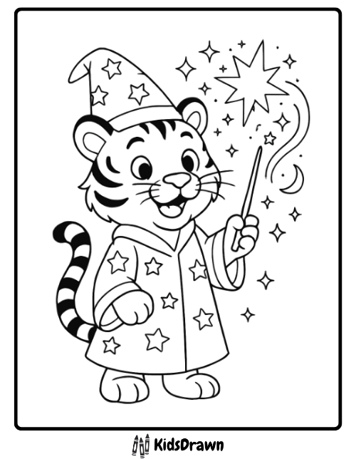 Magic tiger wearing a wizard hat casting spells creative fantasy themed tiger coloring pages for kids