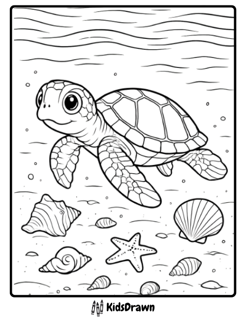 Baby sea turtle exploring the beach with shells and starfish – relaxing turtle coloring pages for kids.