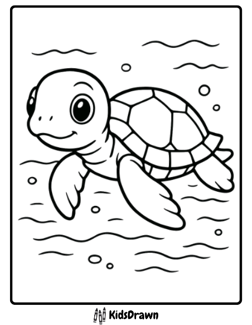 Smiling baby sea turtle floating in shallow water – adorable turtle coloring pages for young artists.