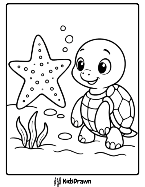 Baby turtle playing near a big starfish under the sea printable turtle coloring pages for preschoolers.