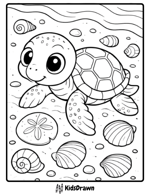 Happy baby turtle crawling on sand surrounded by shells fun turtle coloring pages for preschool kids.