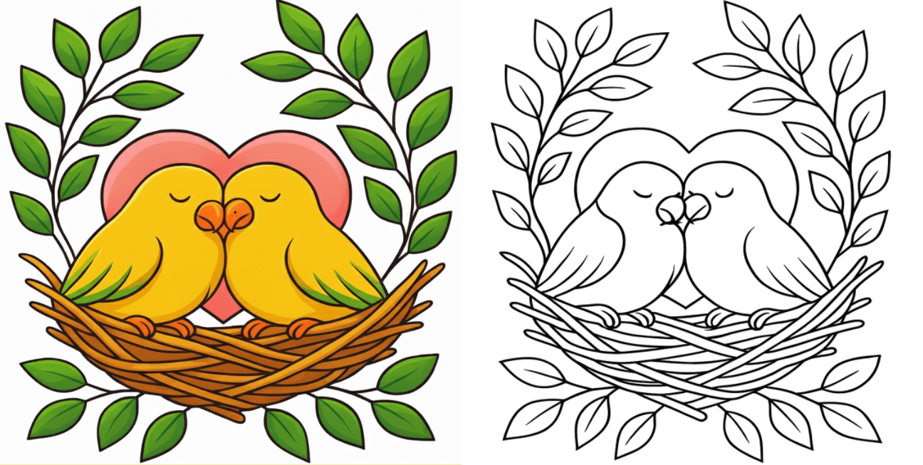 Cute lovebirds sitting in a cozy nest with heart shape and leafy branches, sweet romantic bird couple illustration, perfect for free printable bird coloring pages for kids