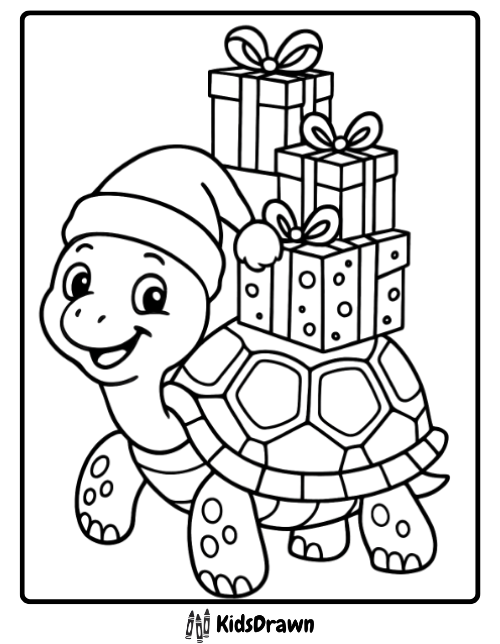 Smiling Christmas turtle wearing a Santa hat carrying gift boxes festive turtle coloring pages for kids.