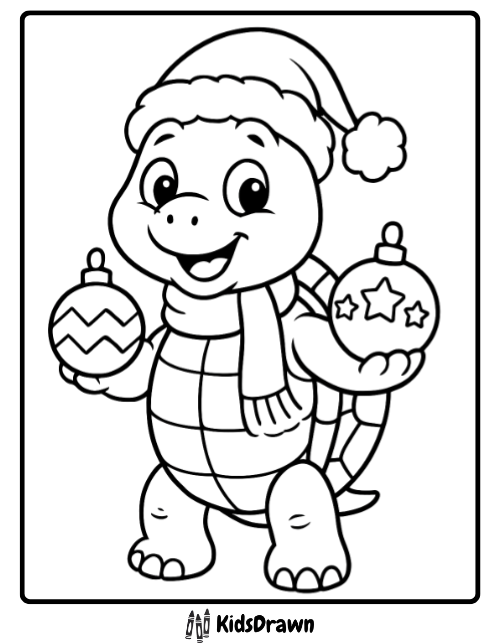 Festive turtle wearing Santa hat and holding ornaments joyful Christmas turtle coloring pages for children.
