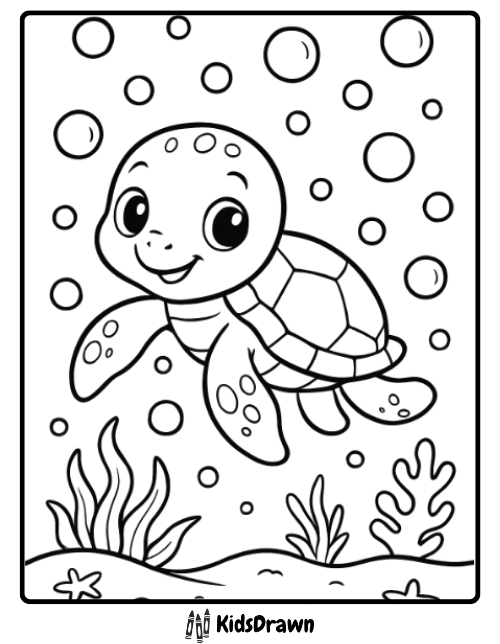Happy baby sea turtle swimming with bubbles and coral fun ocean turtle coloring pages for children.