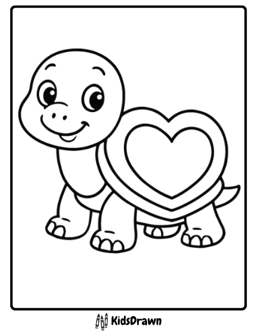 Sweet turtle with a big heart-shaped shell cute turtle coloring pages for Valentine’s Day and kids’ art.