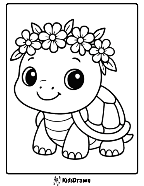 Adorable turtle with a flower crown smiling happily spring turtle coloring pages for preschool kids.