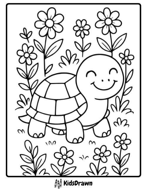 Smiling turtle surrounded by blooming flowers cheerful turtle coloring pages for kids to color and enjoy.