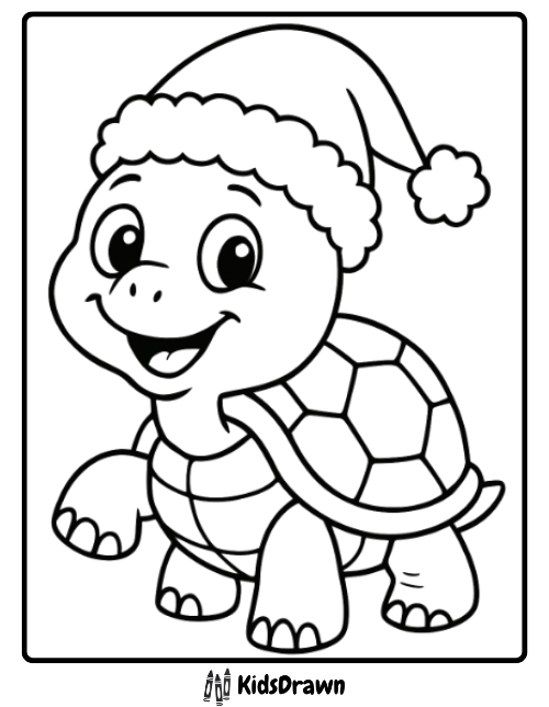 Smiling turtle wearing a holiday Santa hat adorable Christmas turtle coloring pages for kids to print.