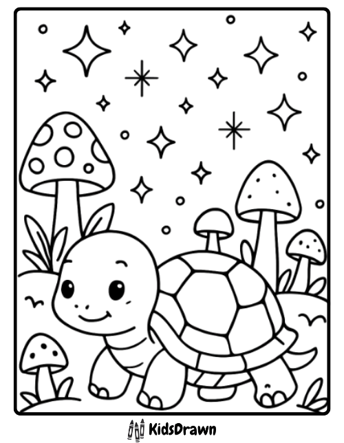 Happy turtle walking in a magical forest with mushrooms and stars fantasy turtle coloring pages for children.
