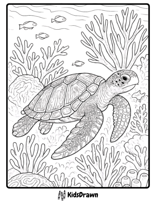 Beautiful sea turtle swimming through coral reef detailed turtle coloring pages for kids and adults to enjoy.
