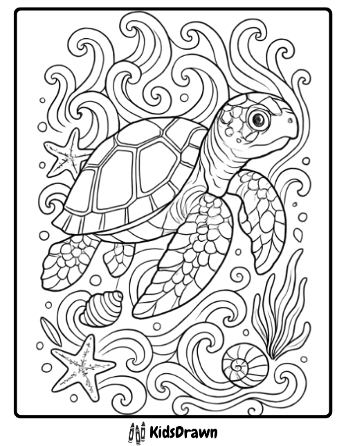 Graceful sea turtle gliding underwater with coral and fish relaxing turtle coloring pages for ocean lovers.