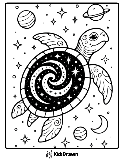 Fantasy turtle floating in space with stars and planets unique galaxy turtle coloring pages for creative minds.