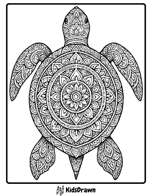Highly detailed mandala turtle with floral shell intricate turtle coloring pages for art therapy and relaxation.