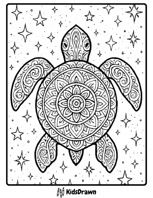 Beautiful mandala turtle with stars in the background relaxing turtle coloring pages for mindfulness and art lovers.