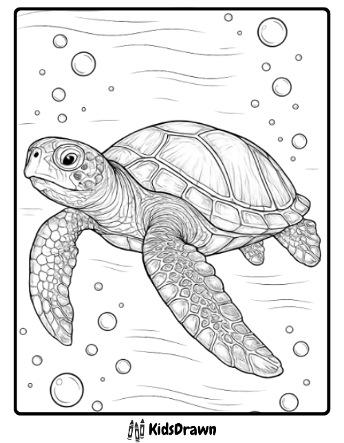 Graceful turtle floating in the ocean surrounded by bubbles relaxing turtle coloring pages for nature lovers.