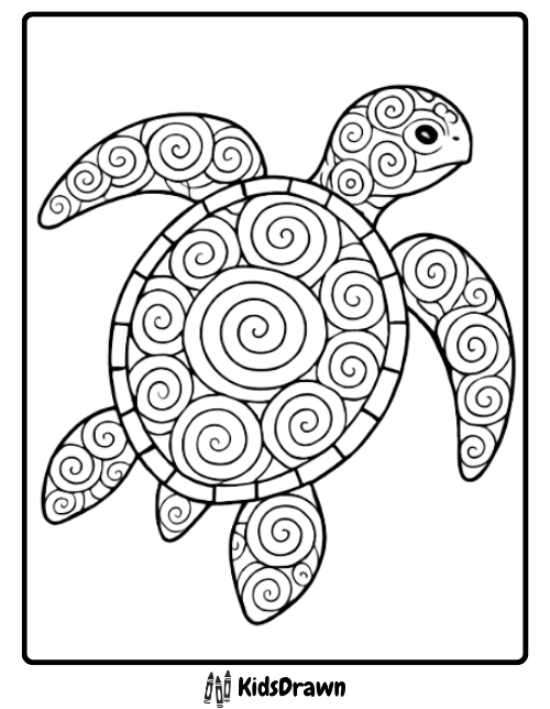 Creative sea turtle with swirling spiral shell patterns unique turtle coloring pages for art lovers and kids.