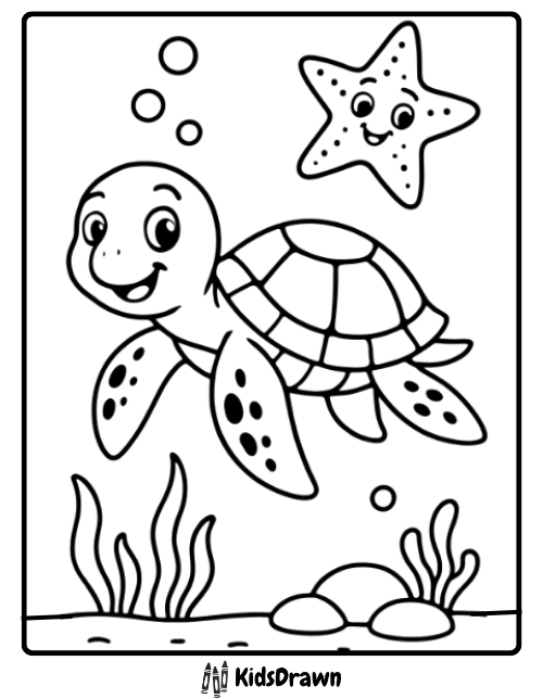 Happy sea turtle swimming with a smiling starfish cute turtle coloring pages for kids and preschool classrooms.