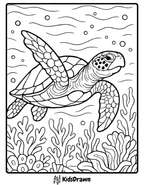Sea turtle swimming gracefully above colorful coral relaxing turtle coloring pages for ocean and nature lovers.