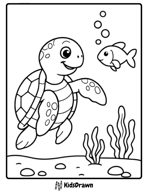 Happy sea turtle swimming underwater with a fish friend cute turtle coloring pages for kids to print and enjoy.