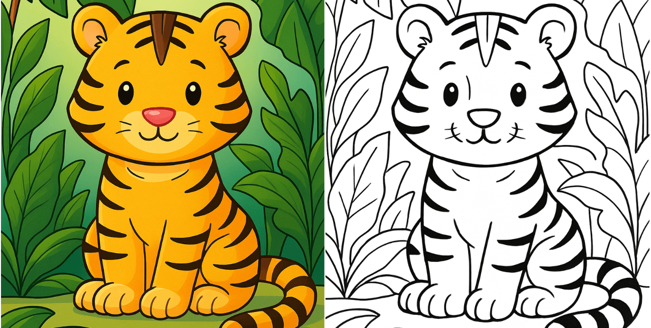 Cute tiger sitting in a jungle, shown in color on one side and as a black-and-white coloring page on the other fun A4 tiger coloring page for kids.