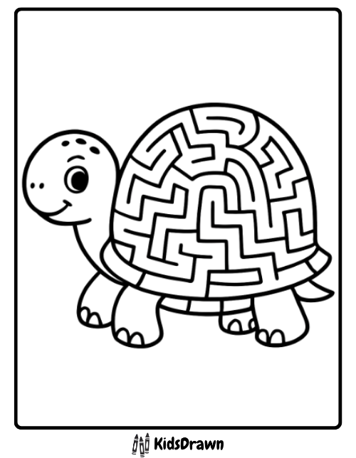 Fun turtle with a maze shell puzzle design playful turtle coloring pages for kids to enjoy and learn problem-solving.