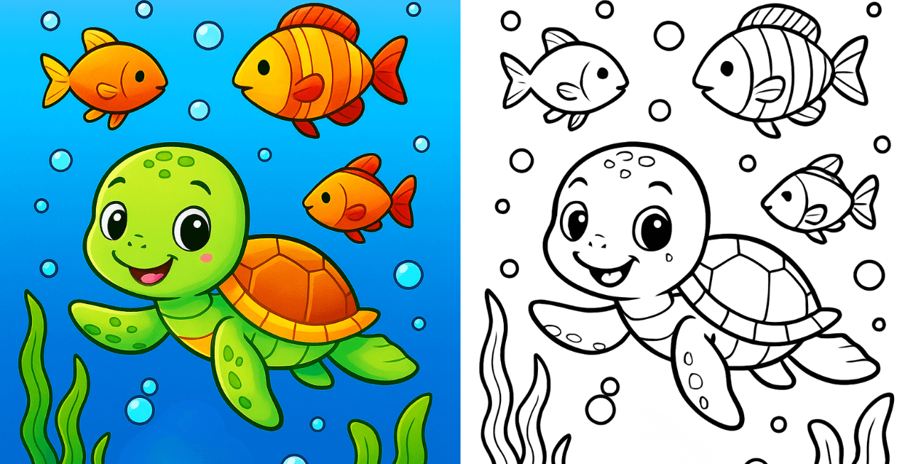 Cute baby sea turtle swimming underwater with colorful orange fish and bubbles, shown beside a black-and-white turtle coloring page for kids.