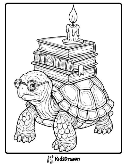 Wise turtle wearing glasses carrying books and a candle creative turtle coloring pages for kids and adults.
