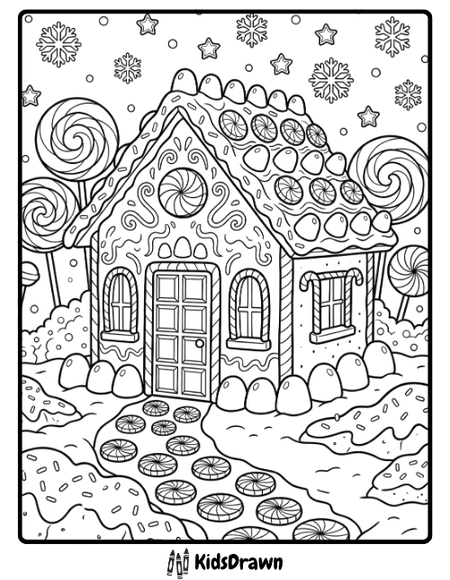Candyland Christmas Cottage Coloring Page charistmas coloring pages featuring a festive gingerbread house scene for kids