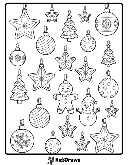 Christmas Ornament Collection Coloring Page charistmas coloring pages with stars, baubles, snowman, and tree designs