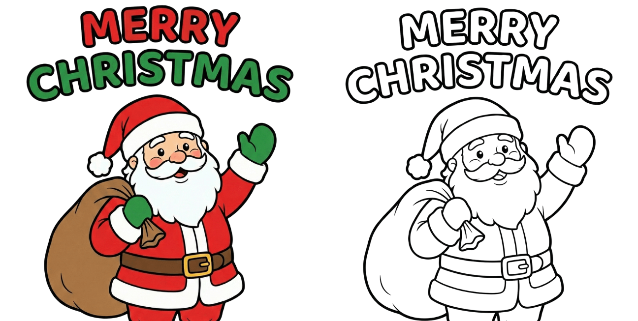 Merry Christmas coloring page featuring Santa Claus waving and holding a gift sack, shown in both colored and black-and-white versions