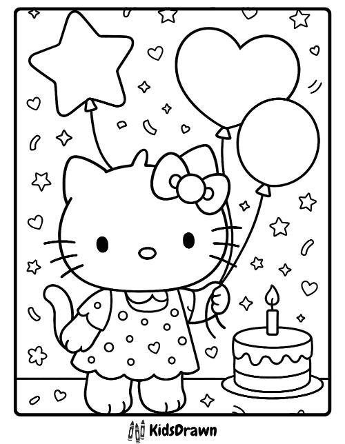 Hello Kitty holding birthday balloons beside a cake and candles, festive hello kitty coloring pages Hello Kitty With Birthday Balloons Coloring Page