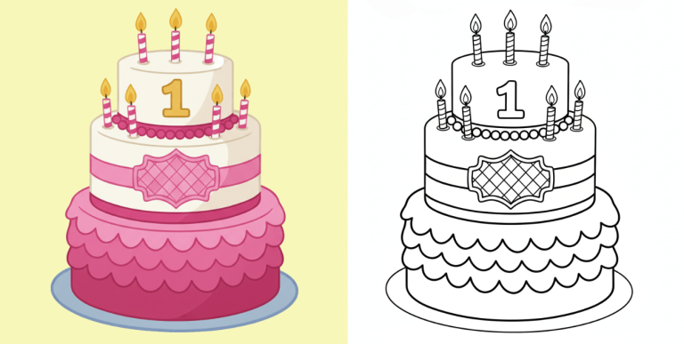Two-tier pink birthday cake with number one topper and six lit candles, shown in both a colorful version and a black-and-white line art coloring page